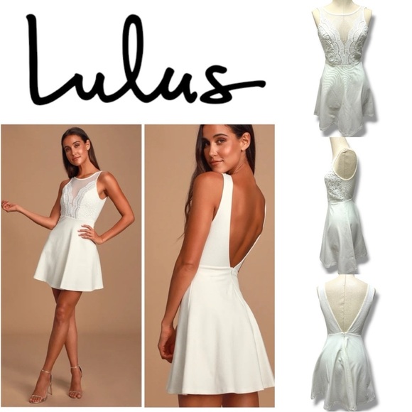 333 Lulus |NWOT USA White Lace Fit & Flare Open Back Mesh Midi Dress (Size S) - Picture 1 of 13